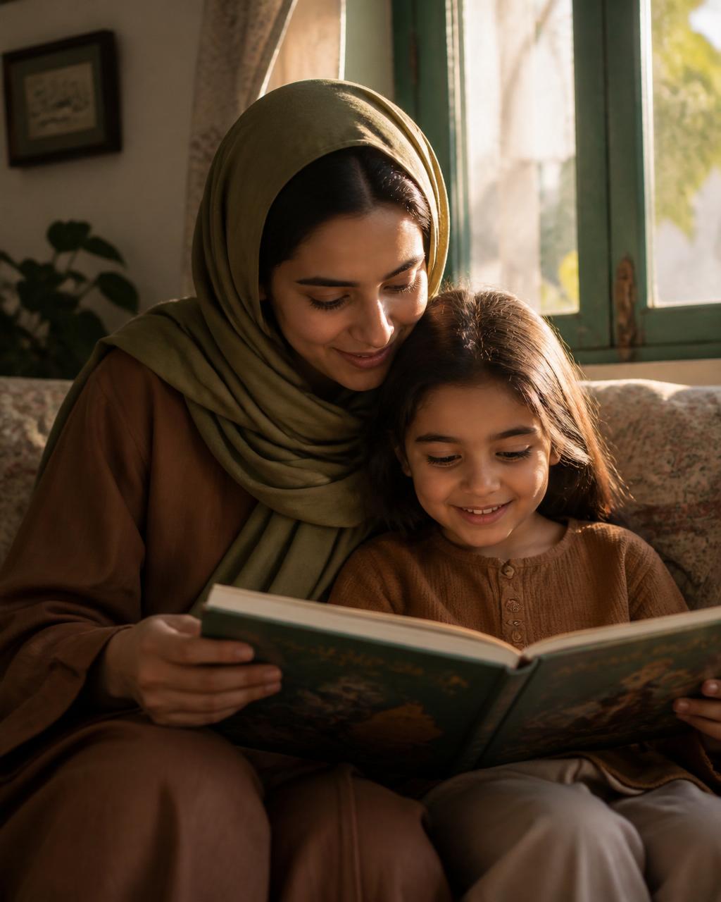 أم تقرأ لطفلها كتاباً في ضوء النافذة